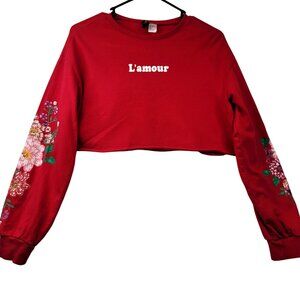 H&M Divided Lamour Red Cropped Sweatshirt With Floral Sleeves Small